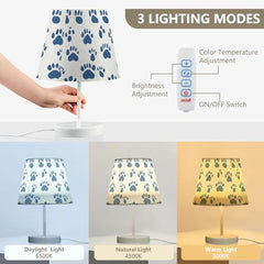 Table Lamps 3 Ways Dimmable White and Blue Paw Nice with Fabric Lampshade USB Ports Wood Base LED Bulb for Bedroom and Living Room