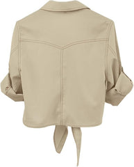 AMEBELLE Women's Roll Up 3/4 Sleeve Tie Front Knot Shirt Chambray Denim Crop Top