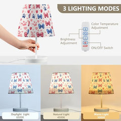 Table Lamps 3 Ways Dimmable Bow Ties with Fabric Lampshade USB Ports Wood Base LED Bulb for Bedroom and Living Room