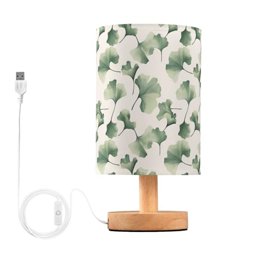 Sage Green Ginkgo Leaves Bedside Table Lamp Small Desk Lamps Linen Fabric Shade Decorative Nightstand Lamp LED with USB Port Wood Base for Bedroom Living Room