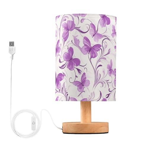 Bedside Table Lamp Flower Purple Butterfly Desk Lamp Linen Fabric Shade Decorative Nightstand Lamp LED with USB Port Wood Base for Bedroom Living Room