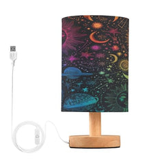 Psychedelic Celestial Sun Moon Bedside Table Lamp Small Desk Lamps Linen Fabric Shade Decorative Nightstand Lamp LED with USB Port Wood Base for Bedroom Living Room