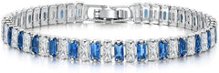 Silver Blue Alternating Color Gemstone Cubic Zirconia Classic Bracelet, Bride Bridesmaid Wedding Birthday Mother's Day Jewelry Gift for Ladies