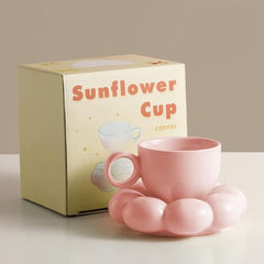 Flower Coffee Cup & Saucer Set Cute Mug & Saucer Set Ceramic Coffee Cup with Sunflower Saucer Latte Cups 6.7Oz Pink