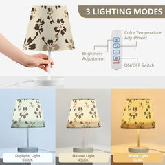 Table Lamps 3 Ways Dimmable Brown and Tan with Fabric Lampshade USB Ports Wood Base LED Bulb for Bedroom and Living Room