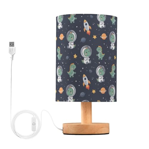 Dinosaur Space Rockets Bedside Table Lamp Small Desk Lamps Linen Fabric Shade Decorative Nightstand Lamp LED with USB Port Wood Base for Bedroom Living Room