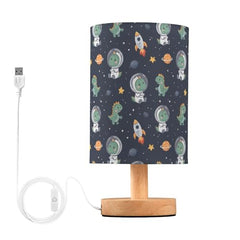 Dinosaur Space Rockets Bedside Table Lamp Small Desk Lamps Linen Fabric Shade Decorative Nightstand Lamp LED with USB Port Wood Base for Bedroom Living Room