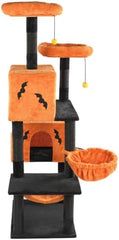 61" Halloween Cat Tree, Large Cat Tower with 2 Spacious Cat Condos, 2 Padded Perches, 2 Hammocks, Scratching Posts, Hanging Toy, Multi-Level Cat Activities Furniture for Large Cats, Orange & Black