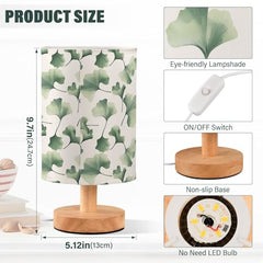 Sage Green Ginkgo Leaves Bedside Table Lamp Small Desk Lamps Linen Fabric Shade Decorative Nightstand Lamp LED with USB Port Wood Base for Bedroom Living Room