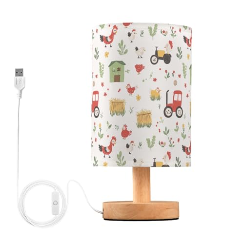 Bedside Table Lamp Farm Tractor Chicken Small Desk Lamps Linen Fabric Shade Decorative Nightstand Lamp LED with USB Port Wood Base for Bedroom Living Room