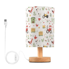 Bedside Table Lamp Farm Tractor Chicken Small Desk Lamps Linen Fabric Shade Decorative Nightstand Lamp LED with USB Port Wood Base for Bedroom Living Room
