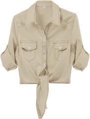 AMEBELLE Women's Roll Up 3/4 Sleeve Tie Front Knot Shirt Chambray Denim Crop Top