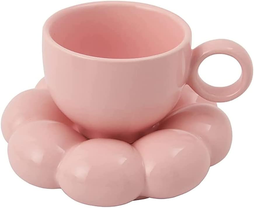Flower Coffee Cup & Saucer Set Cute Mug & Saucer Set Ceramic Coffee Cup with Sunflower Saucer Latte Cups 6.7Oz Pink