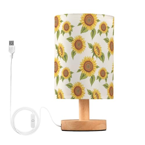 Sunflower Print Bedside Table Lamp Small Desk Lamps Linen Fabric Shade Decorative Nightstand Lamp LED with USB Port Wood Base for Bedroom Living Room