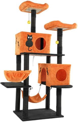 61" Halloween Cat Tree, Large Cat Tower with 2 Spacious Cat Condos, 2 Padded Perches, 2 Hammocks, Scratching Posts, Hanging Toy, Multi-Level Cat Activities Furniture for Large Cats, Orange & Black