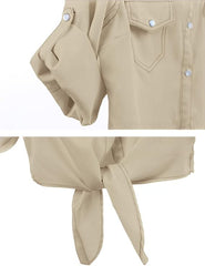 AMEBELLE Women's Roll Up 3/4 Sleeve Tie Front Knot Shirt Chambray Denim Crop Top