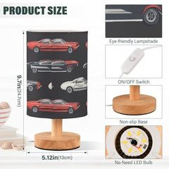 Bedside Table Lamp Muscle Classic Racing Car Small Desk Lamps Linen Fabric Shade Decorative Nightstand Lamp LED with USB Port Wood Base for Bedroom Living Room