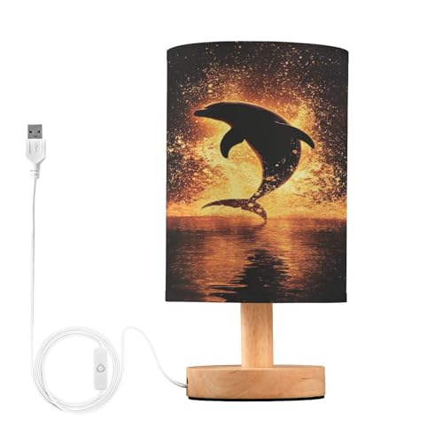 Bedside Table Lamp Ocean Dolphin Silhouette Small Desk Lamps Linen Fabric Shade Decorative Nightstand Lamp LED with USB Port Wood Base for Bedroom Living Room