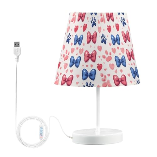 Table Lamps 3 Ways Dimmable Bow Ties with Fabric Lampshade USB Ports Wood Base LED Bulb for Bedroom and Living Room