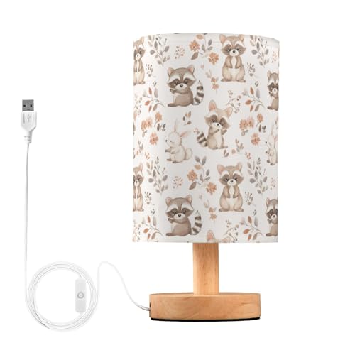 Raccoon Rabbits Floral Animal Bedside Table Lamp Small Desk Lamps Linen Fabric Shade Decorative Nightstand Lamp LED with USB Port Wood Base for Bedroom Living Room