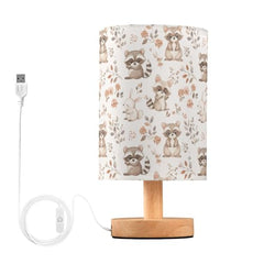 Raccoon Rabbits Floral Animal Bedside Table Lamp Small Desk Lamps Linen Fabric Shade Decorative Nightstand Lamp LED with USB Port Wood Base for Bedroom Living Room