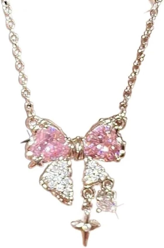 Sweet Pink Bow Necklace Ladies Fashion Sparkling Rhinestone Star Shape Pendant Clavicle Chain Delicate Wedding Accesories Useful