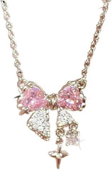 Sweet Pink Bow Necklace Ladies Fashion Sparkling Rhinestone Star Shape Pendant Clavicle Chain Delicate Wedding Accesories Useful
