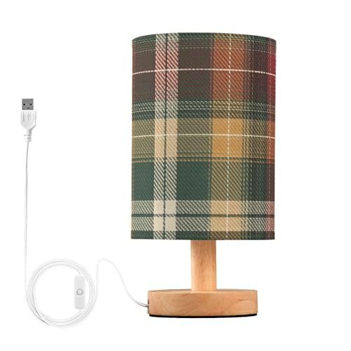 Green Tartan Plaid Bedside Table Lamp Small Desk Lamps Linen Fabric Shade Decorative Nightstand Lamp LED with USB Port Wood Base for Bedroom Living Room