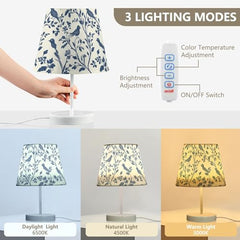 Bedside Table Lamp for Bedroom Elegant Blue Nightstand Lamp Small with Fabric Shade LED 3 Way Dimmable USB Ports for Living Room Desk
