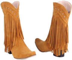 Fringe Cowboy Boots for Women Mid Calf Western Boots Embroidery Cowgirl Pull-On Pointy Toe & Wide - Neutral Causal Comfortable Walking Lightweight Running Standing All Day Trending Fashion Plus Size