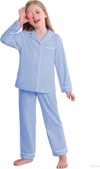 Veseacky Unisex Girls Boys Pajamas Long Sleeve Sleepwear Button-Down 2 Pcs Pjs Set for 5-14 Years