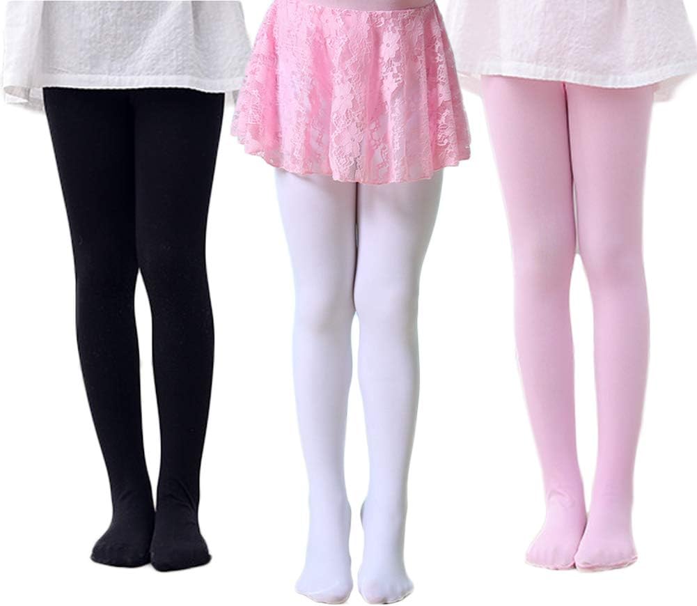 whyme Pack of 3 Kids Girls Baby Ballet Dance Tights Soft Microfiber Footed Velvet Stockings Pantyhose Tights L(black white pink 7-9T)