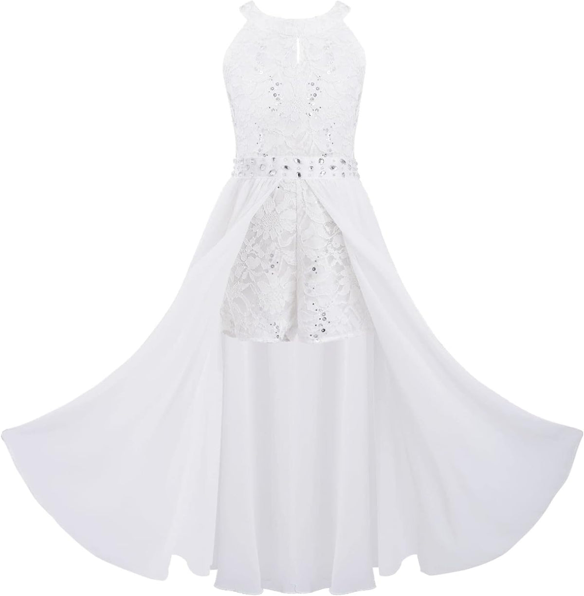 Choomomo Kids Flower Girls Dress Rhinestone Sleeveless Romper Wedding Banquet Party Maxi Ball Gown Dancewear