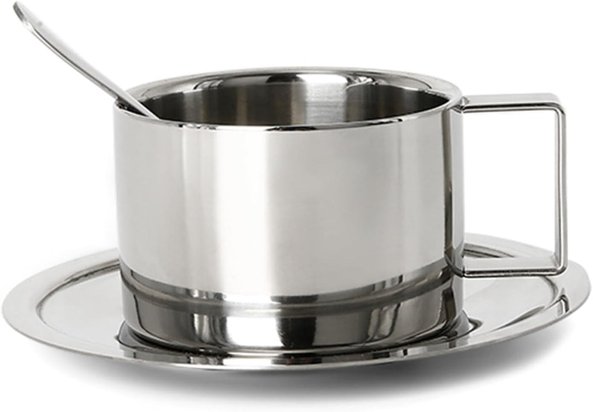 6.8oz Stainless Steel Coffee Cup Set, Coffee Mugs with Spoon and Saucer for Latte, Espresso, Cappuccino, Milk and Tea