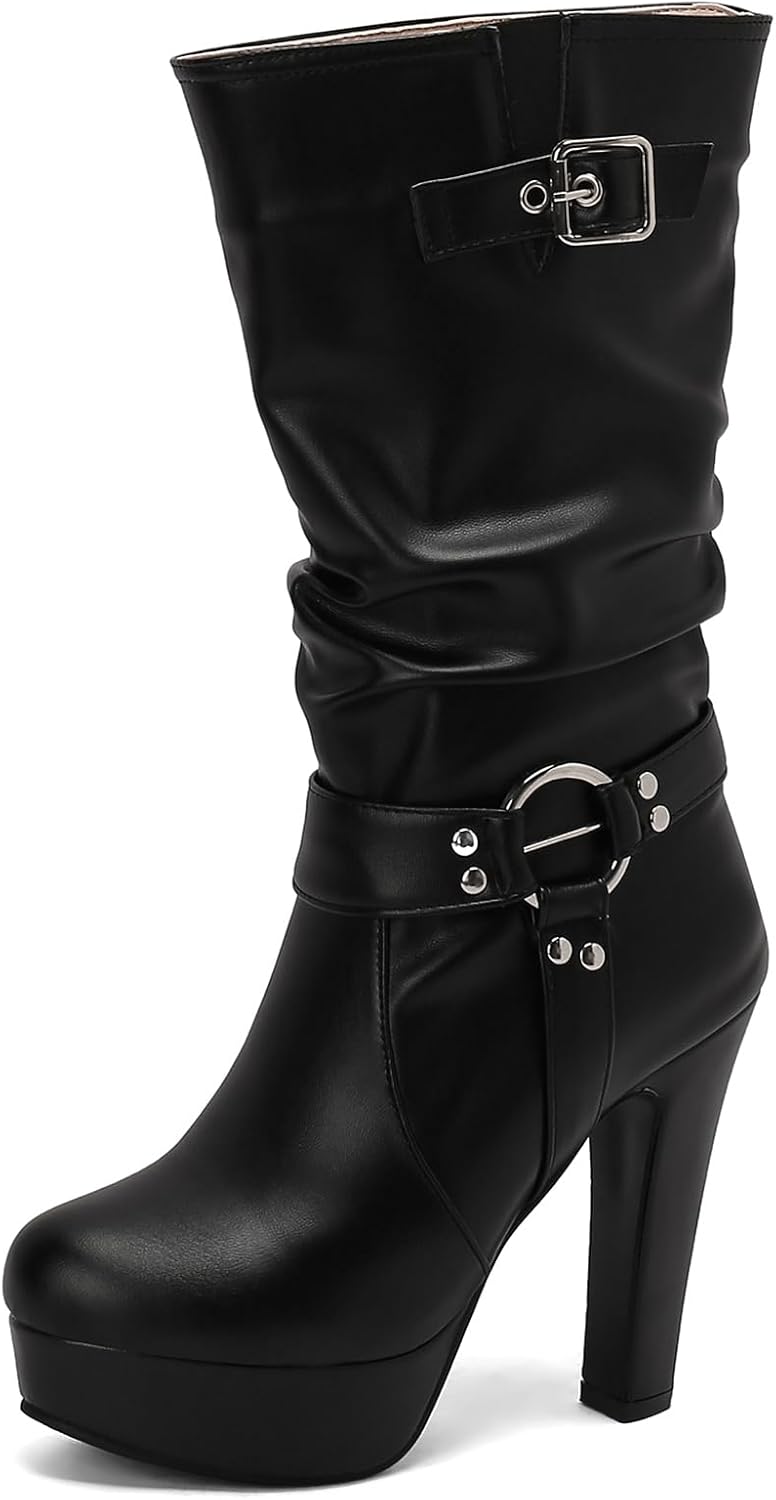 Black Platform Boots Mid Calf for Women Block High Heels