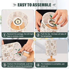 Raccoon Rabbits Floral Animal Bedside Table Lamp Small Desk Lamps Linen Fabric Shade Decorative Nightstand Lamp LED with USB Port Wood Base for Bedroom Living Room