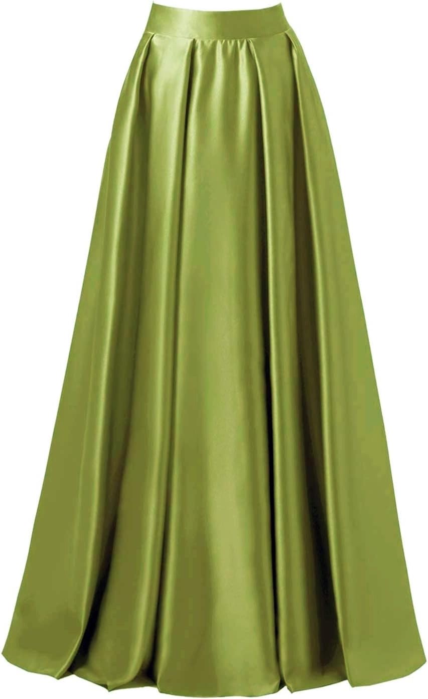 Diydress Women’s Satin Flared Swing Maxi Skirt Long Floor Length High Waist Fomal Prom Party Skirts with Pockets