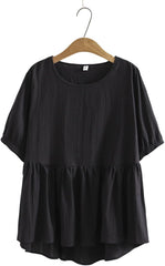 Womens Plus Size Babydoll Tops Summer Trendy Pleated Patchwork Short Sleeve Shirt Casual Pleasant Tunic Dressy Blouse