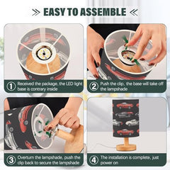 Bedside Table Lamp Muscle Classic Racing Car Small Desk Lamps Linen Fabric Shade Decorative Nightstand Lamp LED with USB Port Wood Base for Bedroom Living Room