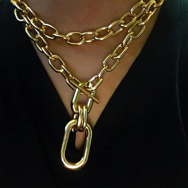 Silver Chunky Link Chain Necklace with Toggle Clasp Adjustable Layered Jewelry for Everyday Evening Wear