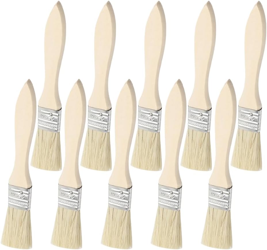 10 Pcs 1 Inch Natural Bristle Chip Paint Brushes Wood Stain Paint Brush Set Long Wooden Handle Paint Brushes Woodwork Watercolor Painting Brushes Flat Tip Paintbrushes for Wall Home Decoration