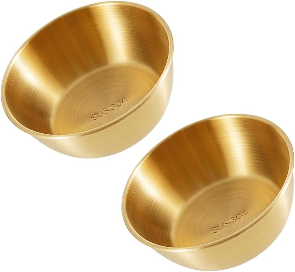 lasenersm 2 Pieces Wine Bowl Stainless Steel Rice Wine Bowl Round Rice Wine Cup Sauce Dish Condiment Dipping Bowl Seasoning Bowl Drink Bowl Sauce Bowl Snack Bowl Food Container(Golden, 10.8cm)