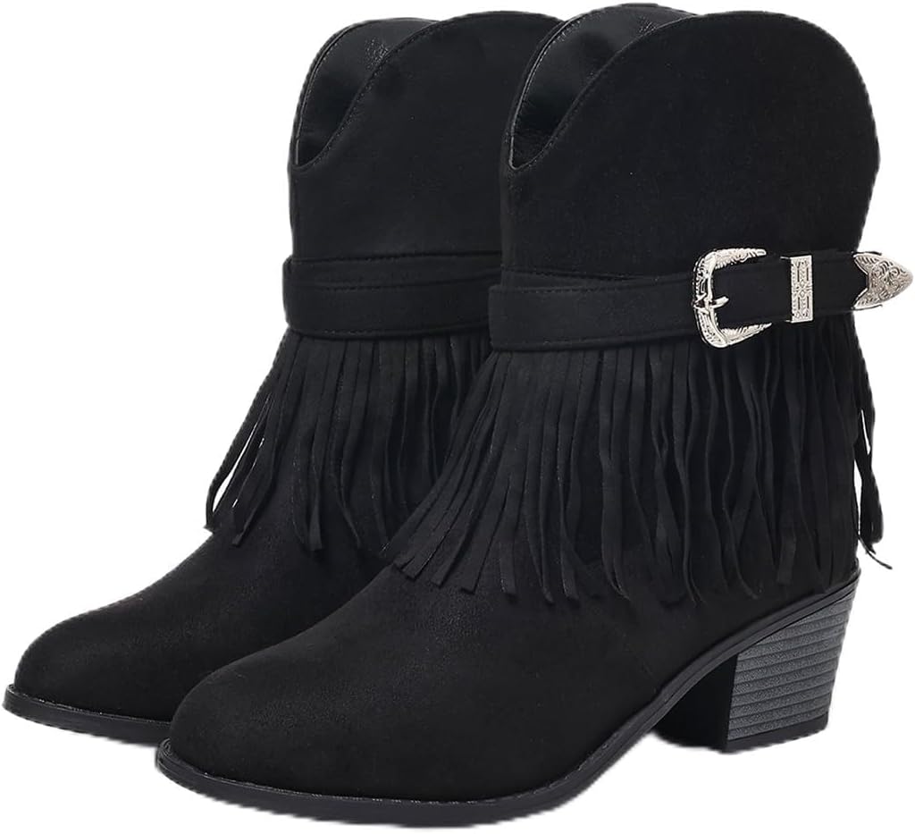 Women's Suede Western Ankle Boots with Fringe & Buckle – Slip-On Chunky Heel Round-Toe Riding Boots for Spring/Autumn, Non-Waterproof Lift Design