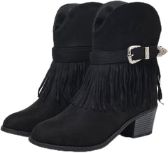 Women's Suede Western Ankle Boots with Fringe & Buckle – Slip-On Chunky Heel Round-Toe Riding Boots for Spring/Autumn, Non-Waterproof Lift Design
