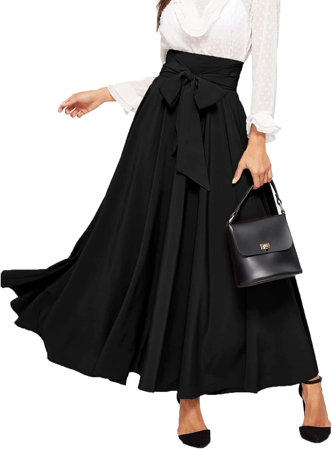SweatyRocks Women's Elegant High Waist Skirt Tie Front Pleated Maxi Skirts