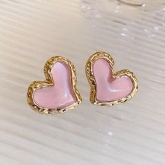 1 Pair Pink Heart Stud Earrings, Fashionable Gold Tone Earring for Women, Delicate Jewelry for Special Occasions, Chic Accessory for Daily Wear(Pink&Gold)