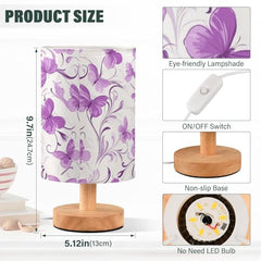 Bedside Table Lamp Flower Purple Butterfly Desk Lamp Linen Fabric Shade Decorative Nightstand Lamp LED with USB Port Wood Base for Bedroom Living Room