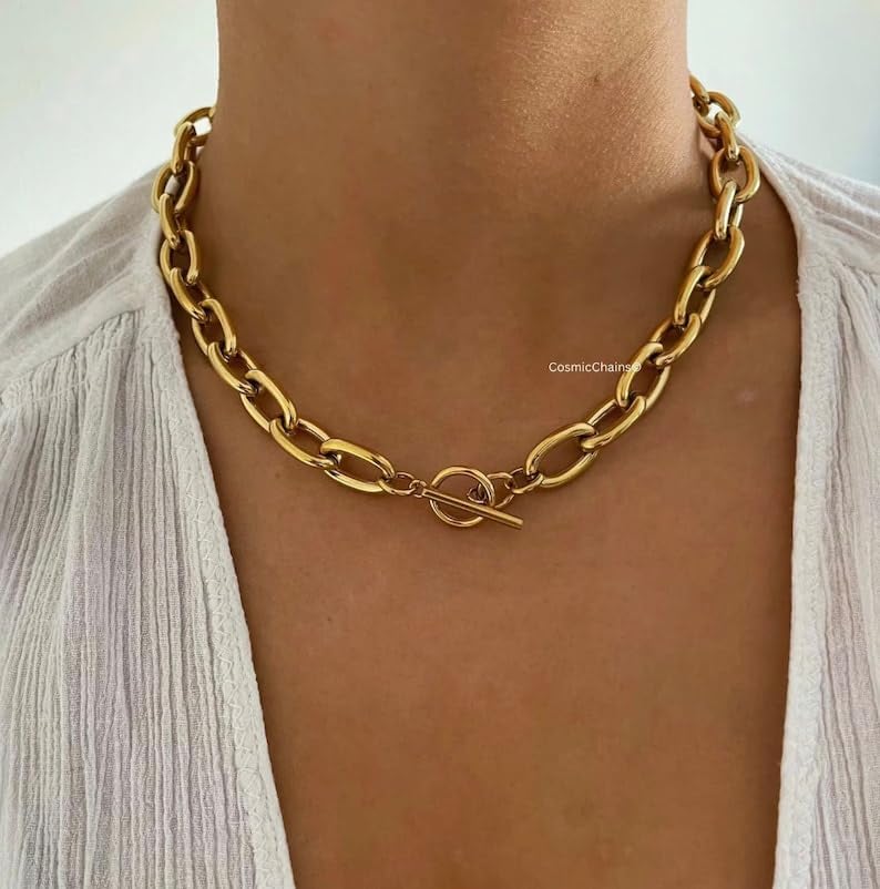 Chunky Gold Chain Necklace for Women Thick Statement Link Jewelry Adjustable Oversized Collar Accessory
