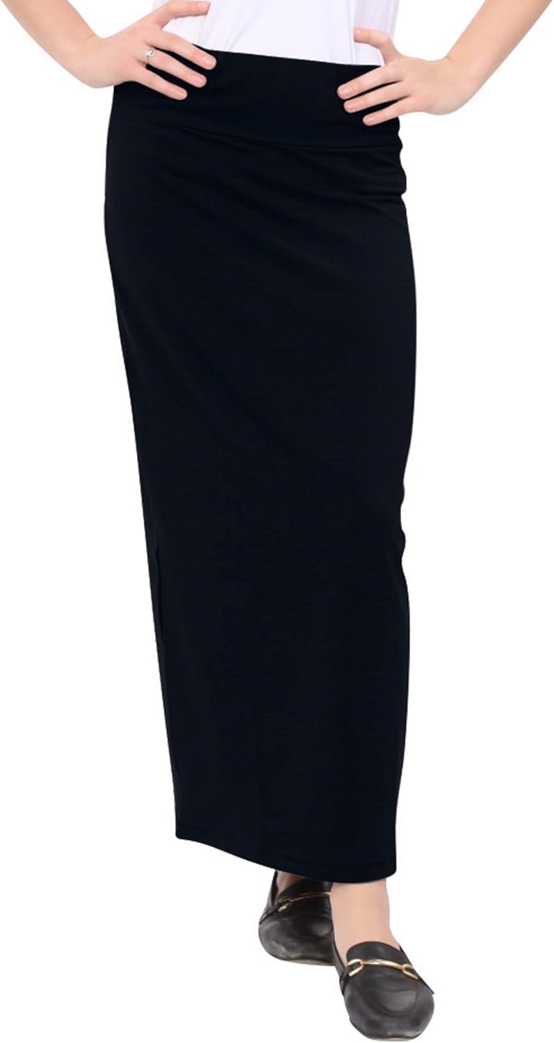 Kosher Casual Long Pencil Skirts for Women – Cotton Stretch Fabric Fitted Maxi Skirt with High-Waisted Fold-Over Waistband