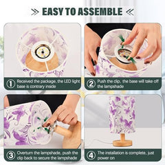 Bedside Table Lamp Flower Purple Butterfly Desk Lamp Linen Fabric Shade Decorative Nightstand Lamp LED with USB Port Wood Base for Bedroom Living Room